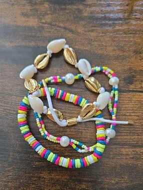 J.Crew Colorful Shell & Bead Layered Bracelet Set - Neon Multi & Gold